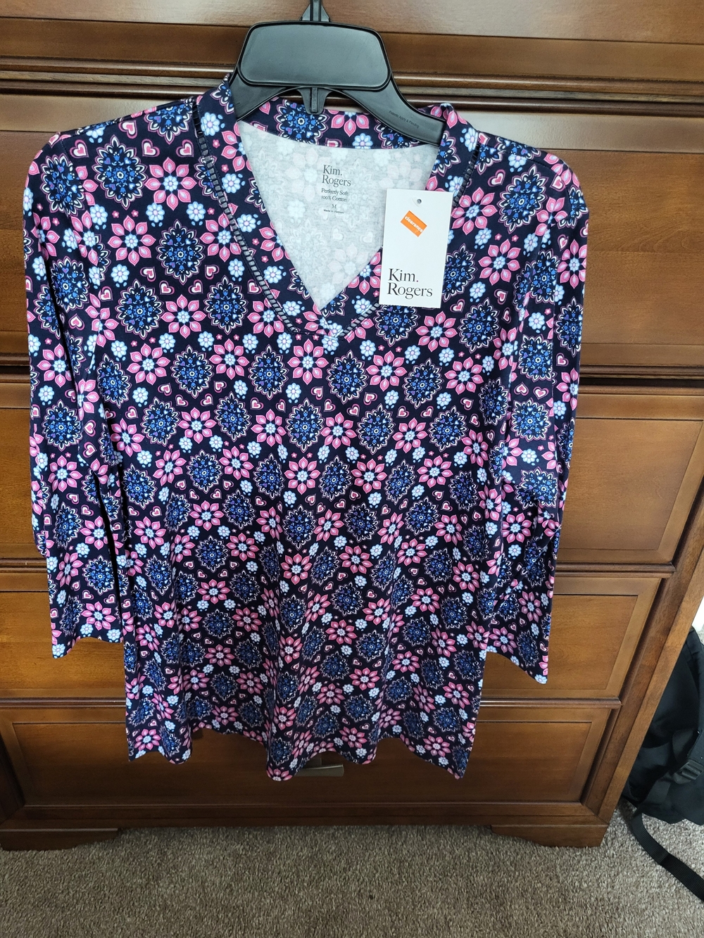 Kim Rogers Long-Sleeve V-Neck Tunic in Navy with Pink & Blue Floral Medallions